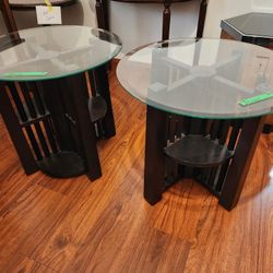 Pair of Wood End tables with built in shelves and round beveled glass tops