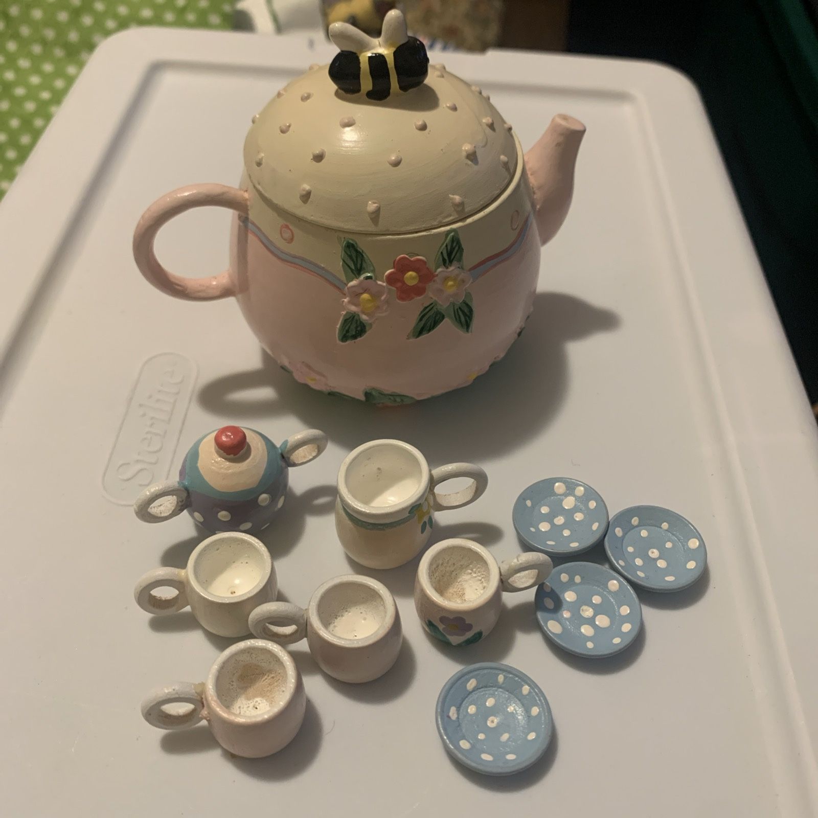 Vintage Miniature Tea Set Garden Pink Floral Bee Midwest Imports of Canon Falls