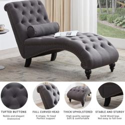 Button-Tufted Chaise Lounge Indoor with Solid Wood Legs & Support Pillow, Upholstered Chaise Lounge Chair for Bedroom Living Room Office, Armless Roll