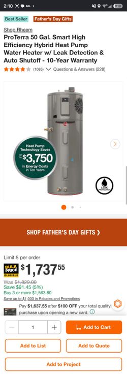 Rheem 50 gallon hybrid water heater