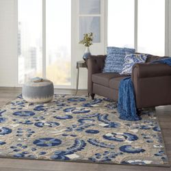 Indoor/Outdoor Natural/Blue 7'10'' x 10'6'' Area-Rug [NEW], Easy-Cleaning, Non Shedding, Bed Room, Living Room, Dining Room, Backyard, Deck, Patio