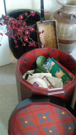 Red (WOODEN) garden stool with storage.