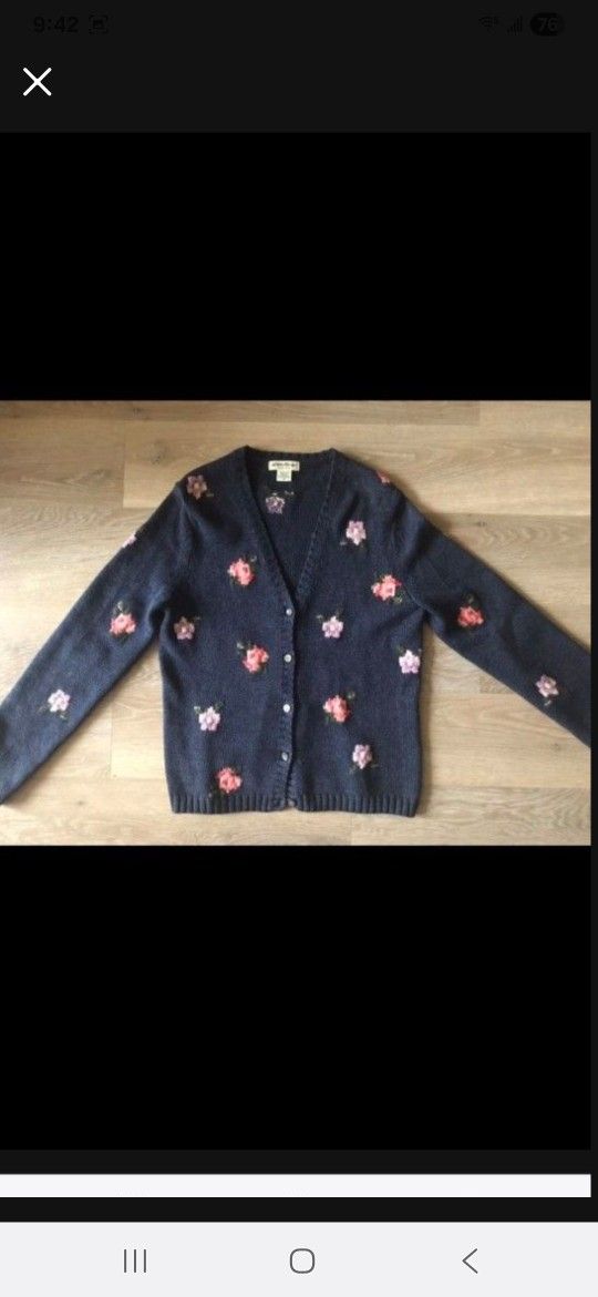 NEW Eddie Bauer Women Embroidered Crochet Flower Flora Knit Crochet Navy Blue Cardigan Sweater Button Down Jacket Coat Size XS-S