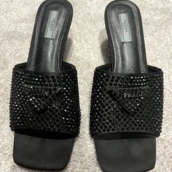 Crystal-Embellished Satin Mules – Black | Size 38