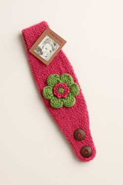  Handmade Knit Pink Headband w/ Green Flower – Cozy & Adjustable 🌸