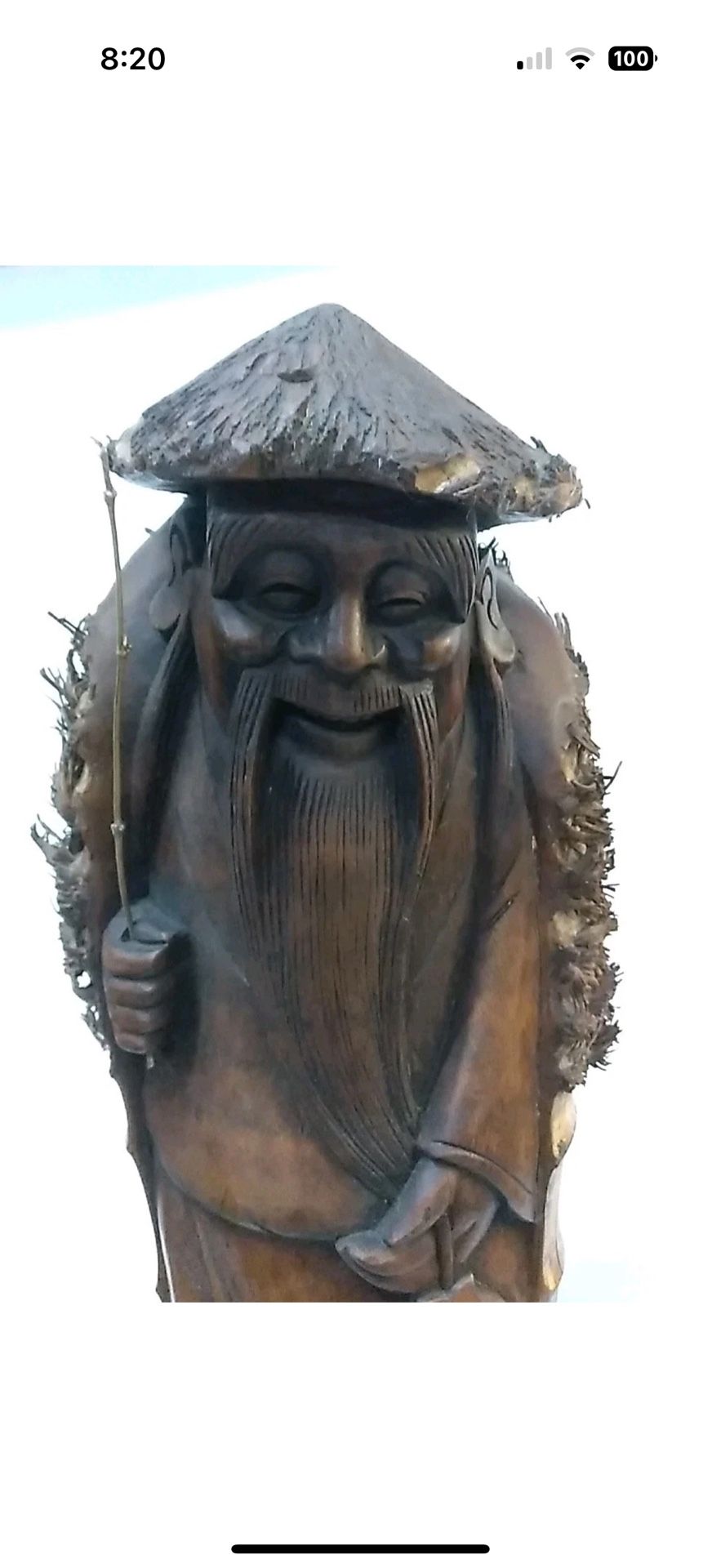 Large Hand Carved Bamboo Fisherman Sage Statue Rustic Folk Art