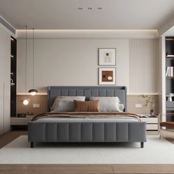 New Modern Queen Upholstered Wingback Bed w/ Storage Headboard & Charging Station – Queen – New 