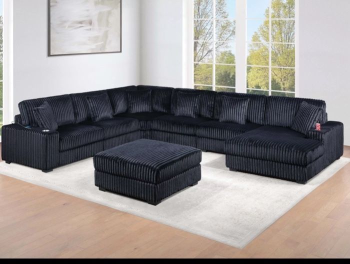 Brand New Black Fur Corduroy Sectional With Extra Large Chaise Cupholders & Usb Charging Ports