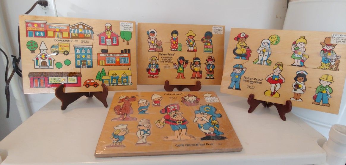 4 VINTAGE FISHER-PRICE WOOD PUZZLES