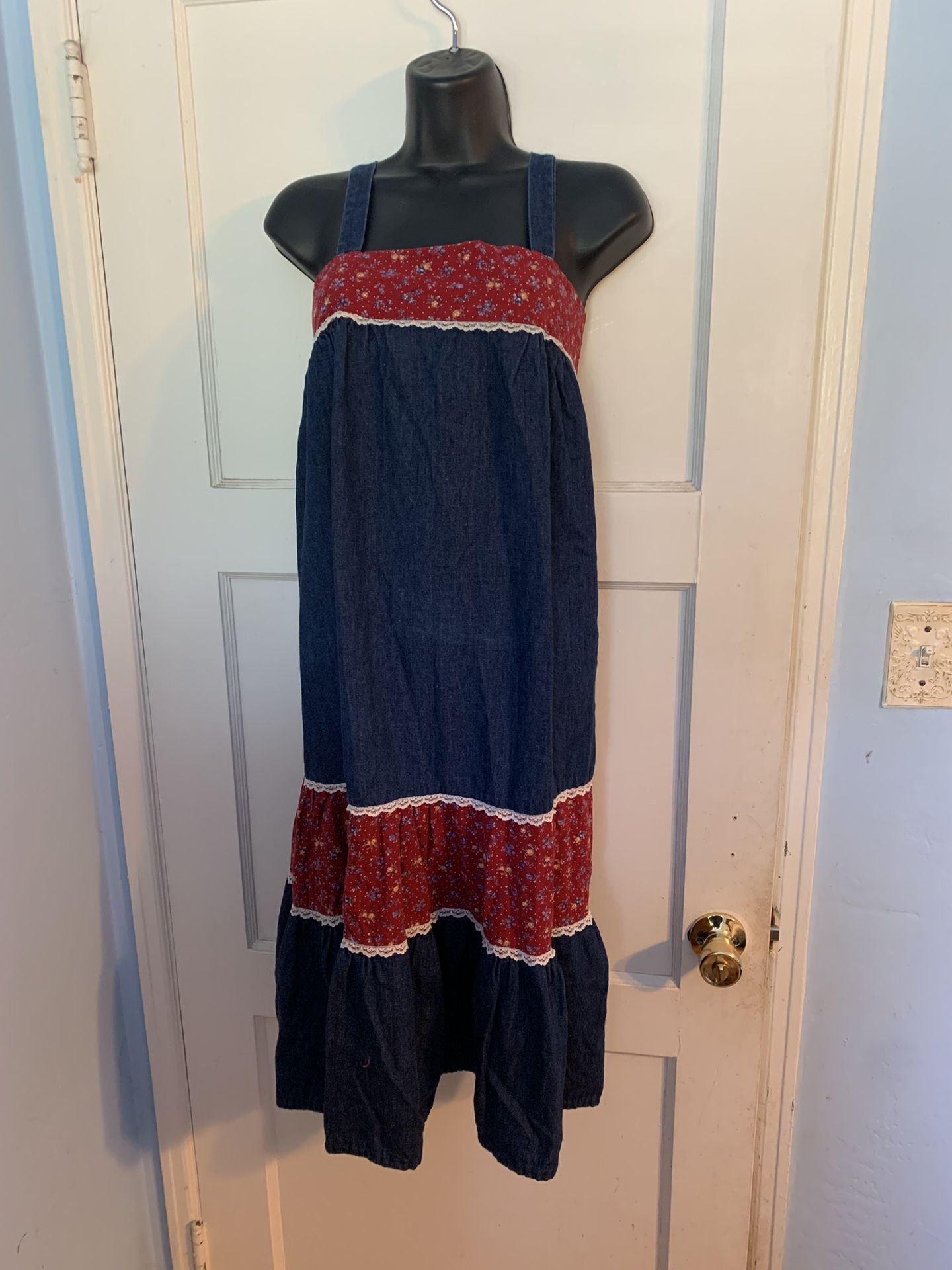 Vintage Prairie Boho Hippie Peasant Apron Overall Dress