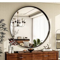 36 inch Round Bathroom Mirror, Black Metal Deep Frame
