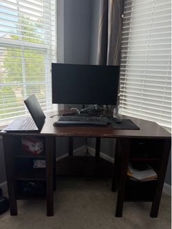 Solid Wood Corner Computer Desk with Shelves – Dark Brown