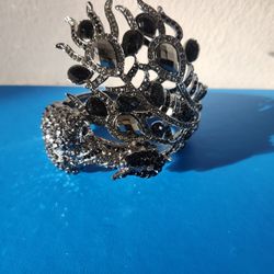 Large Bold Black Rhinestone Couture  Peacock Bird Statement Cuff Bracelet