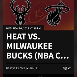 2 Tix ROW 7 Miami Heat Vs Milwaukee Bucks Wednesday 7:30pm