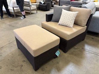 NEW! ABBYSON x SUNBRELLA Belmar Dark Brown Single Arm Outdoor Chair and Ottoman with Beige Cushions