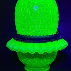 Antique Uranium Vaseline Glass Lamp Base – 3-Piece Stackable with Cobalt Blue Accent – Glows Under UV