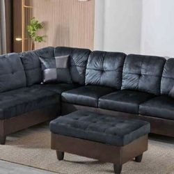 Midnight Black Microfiber Sectional Couch And Ottoman