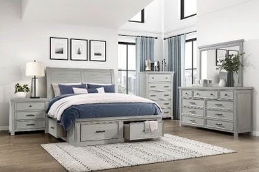 Modern Design 3 pc queen bed w/two gray fabric upholstered inserts & storage drawers