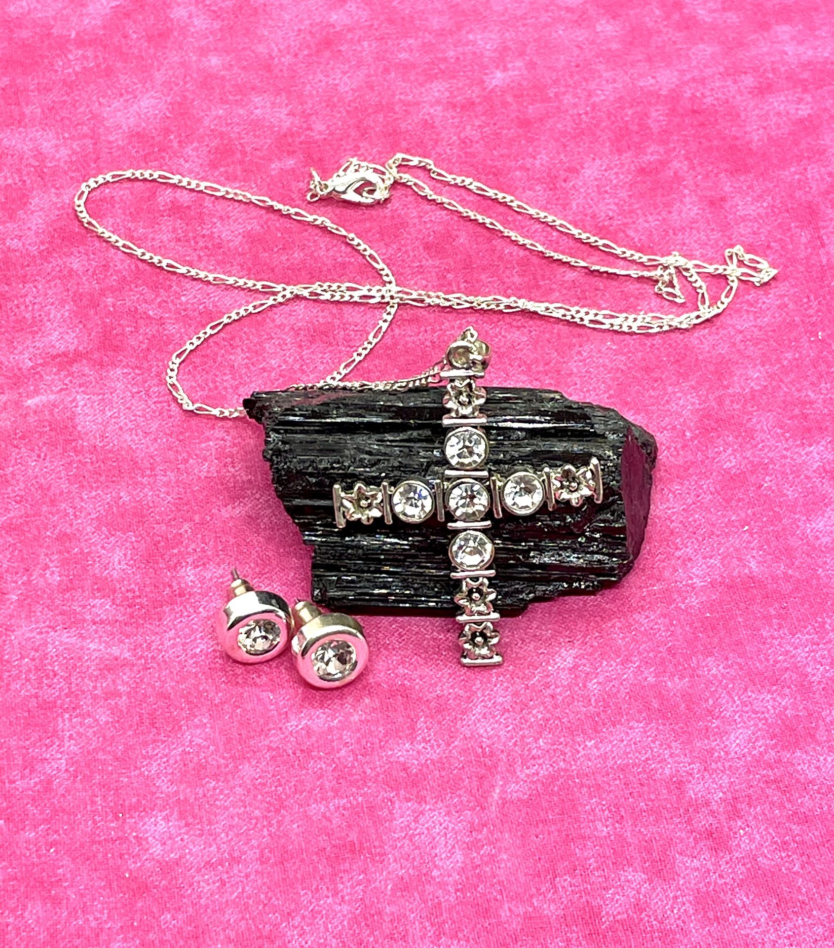 Elegant Crystal Cross Necklace w/ earrings
