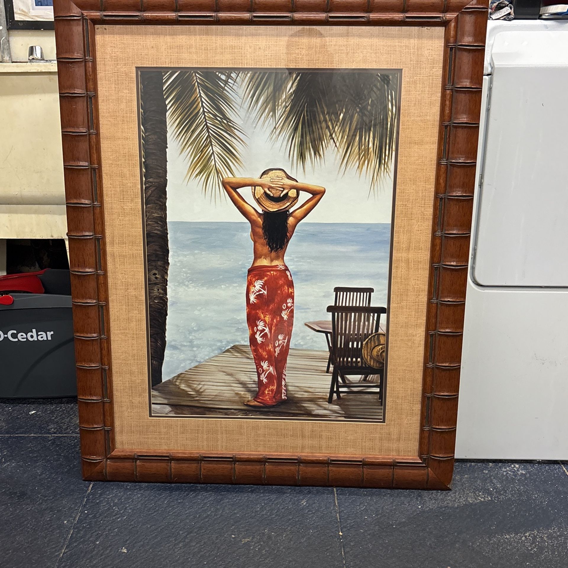 Tropical resort, painting, art, print matted and framed 30 x 38 beautiful condition