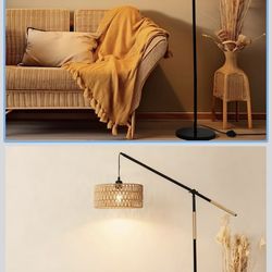 Floor Lamp,1-Lights Arc Floor Lamps with Hanging Rattan Shade, Bohemian Weave Wicker Standing Lamp