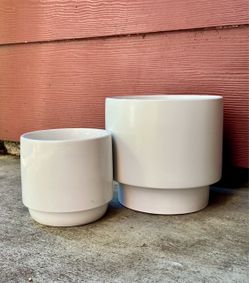 (2) Stoneware Plant Pots — White