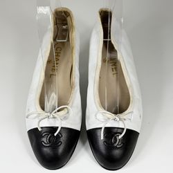 Chanel CC Women's Black & White Leather Cap Toe Ballerina Flat - Size 36 / 5.5