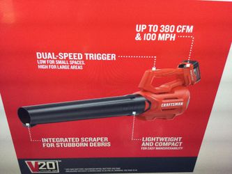 CRAFTSMAN V20 CORDLESS AXIAL LEAF BLOWER KIT, INCLUDES 4.0 AH BATTERY AND CHARGER, 100 MPH AND 380 CFM CLEARING POWER 2 SPEED TRIGGER