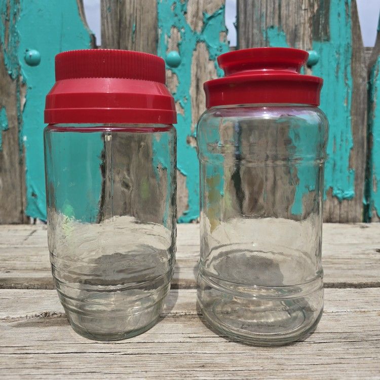 Vintage Pair Anchor Hockings Red Lid Glass Jars