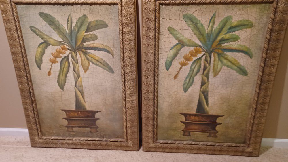 Two Large Tropical Palm Tree Wall Hangings / Pictures 