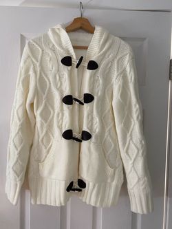 Beige Cable Knit Hooded Toggle Cardigan Sweater - Size small