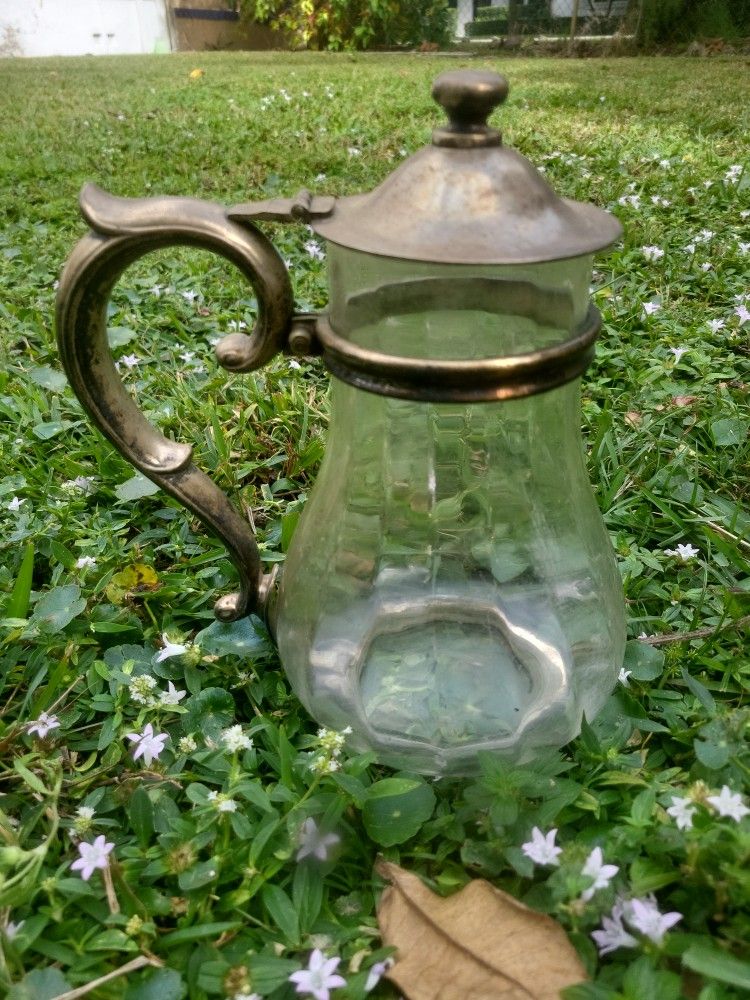Antique Hand Blown Glass And Silver Pitcher