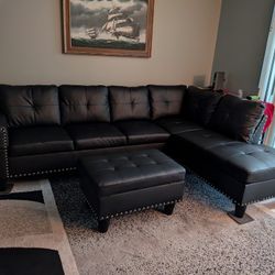 Faux Leather L Shape Sofa And Ottoman 