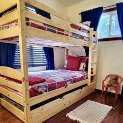 Solid Wood Bunk Bed, Trundle, Mattress, Linens