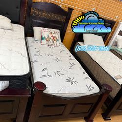 Twin Wooden Bed Frame With Mattress Cama Colchon Nuevo New 