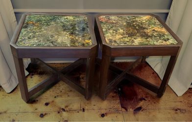 Pair of John Keal for Brown Saltman Walnut Mid Century Modern Small Side End Tables - 17 ¾x17 ¾x16
