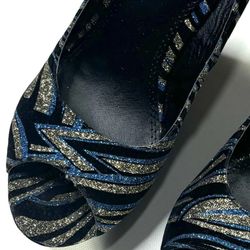 Shoedazzle Women’s High Heel Wedge 7.5 Blue Black Shimmer Glitter