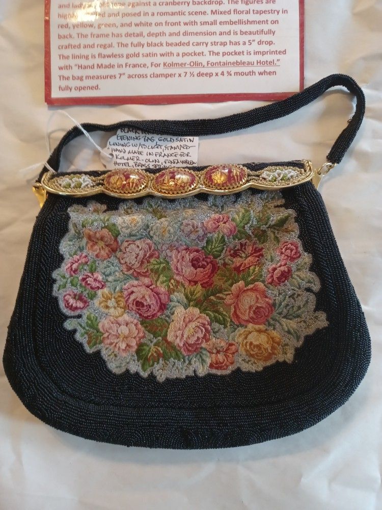 French Made Hand Beaded Black Glass Evening Bag