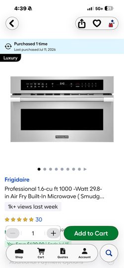 NEW 30” FRIDGIDARE PROFESSIONAL. AIRFRY. 1000 watts. WITH A 3 YEAR EXTENDED WARRANTY FULLY TRANSFERABLE   7/11/26