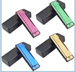 4PCS Key of C 10 Hole 10 Tones Titanium Color Harmonica with Case for Beginner Students Kids（Gold, Purple, Green, Blue） Portable with Case,Rich Sound 