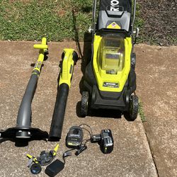 Ryobi ONE+ 18V 13 in. Cordless Battery Walk Behind Push Lawn Mower with 4.0 Ah Battery and Charger string trimmer, leaf flower used 140