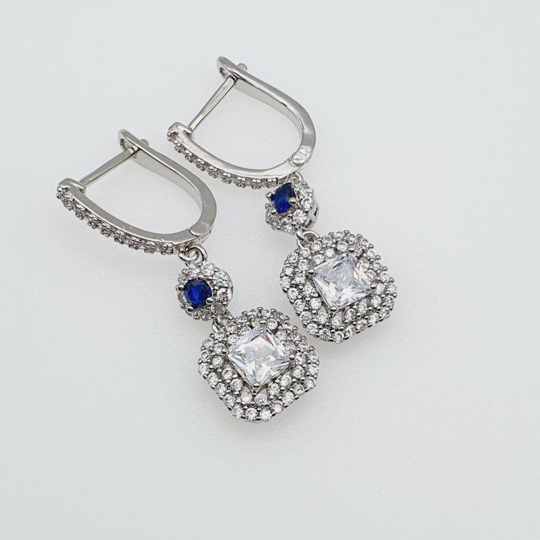 "New CZ Drop Diamond Blue Crystal Square Earrings for Women, HA4527

