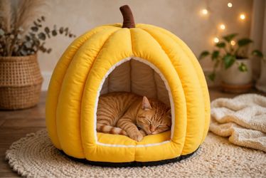 Cute Pumpkin Cat Bed Cave 16" Tall - Cozy Enclosed Pet House for Cats & Small Dogs - Washable Plush