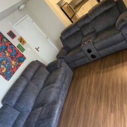 Gray Suede Leather Reclining Sectional w/ Built-In Bluetooth Speakers 