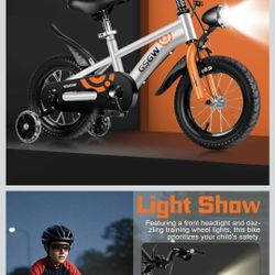 Kids Bike for Boys Girls, 12 14 Inch Bike with Training Wheels, Bicycle for Kids with Headlamp, Bike for Kids with Handbrake Sturdy Frame Adjustable S