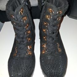 Dazzling Black Rhinestone Combat Boots with Rose Gold Hardware