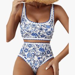 Women's Bikini Sets Floral Print Whip Stitch 2 Piece Swimsuits High Waisted Scoop Bathing Suits-Small