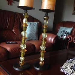 Antique Tall Candle Hold  Cherry Wood Base Amber And Clear Ball Beads Set