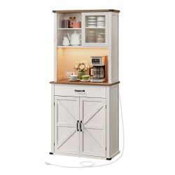 Pantry Cabinet with Lights and Charging Station, Kitchen Storage Cabinet with Doors and Drawer, 15.6 x 31.7 x 71.1 Inches, Farmhouse Style, Rustic Whi