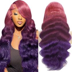 100% Human Hair 30 Inch Pink Purple Ombre Wig 